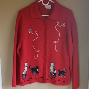 Krystal Kobe Vintage Red Cat Grandma Embroidery Cardigan Size L